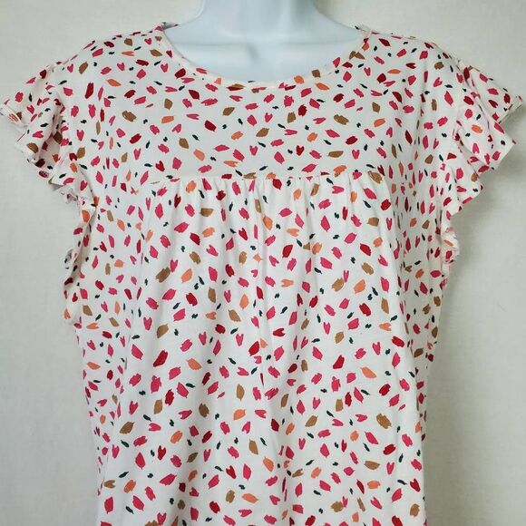 LOFT Outlet XL White Pink Print Flutter Sleeve Top - Picture 3 of 8